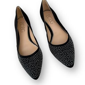 BCBG Paris Black Suede Flats Loafers Silver Studded Women’s size 7 EU 37